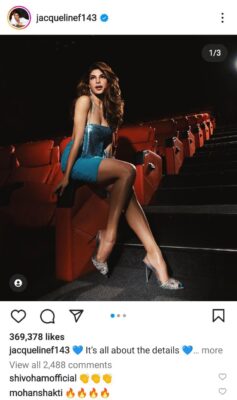 Jacqueline Fernandez in deep neck blue dress